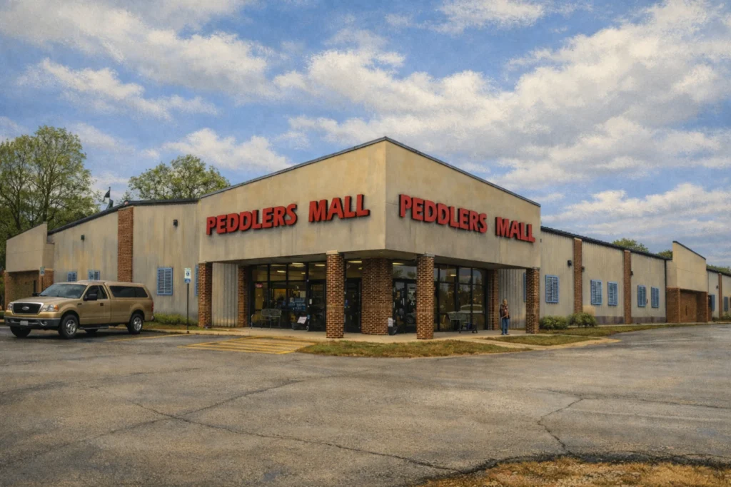 Exterior view of Bardstown Peddlers Mall with red storefront lettering, brick columns, and a large parking lot under a partly cloudy sky.