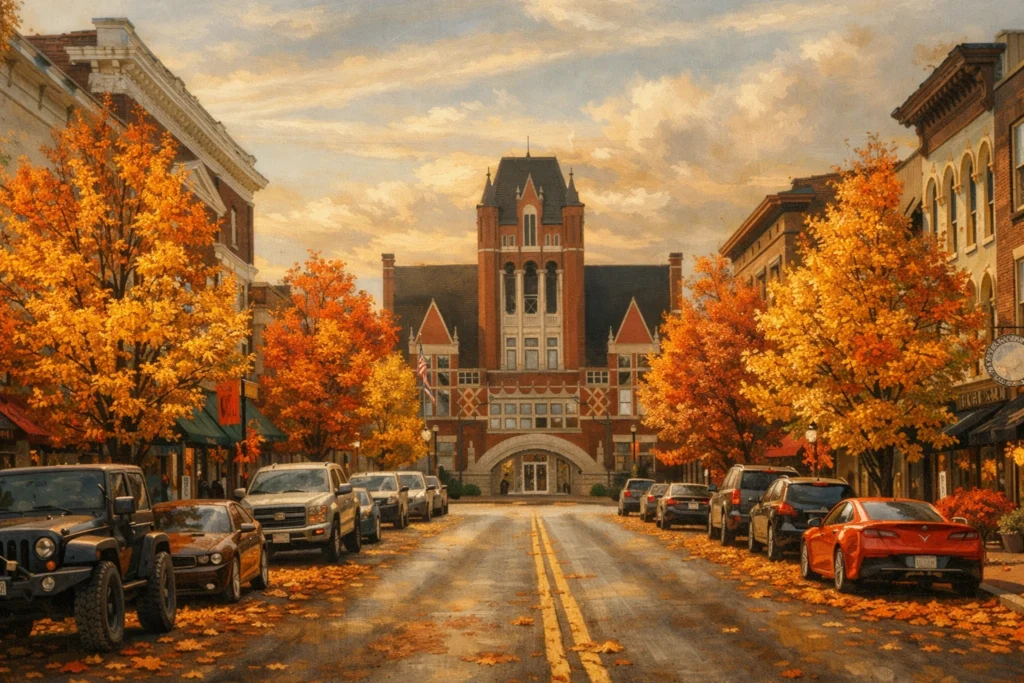 Autumn street scene in downtown Bardstown, Kentucky, with bright fall trees, parked cars, and the historic courthouse at the end of the road.