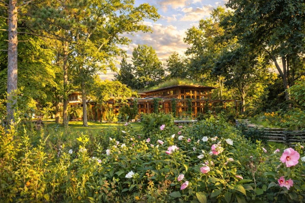 Garden view of the visitor center at Bernheim Forest and Arboretum with pink flowers in the foreground.