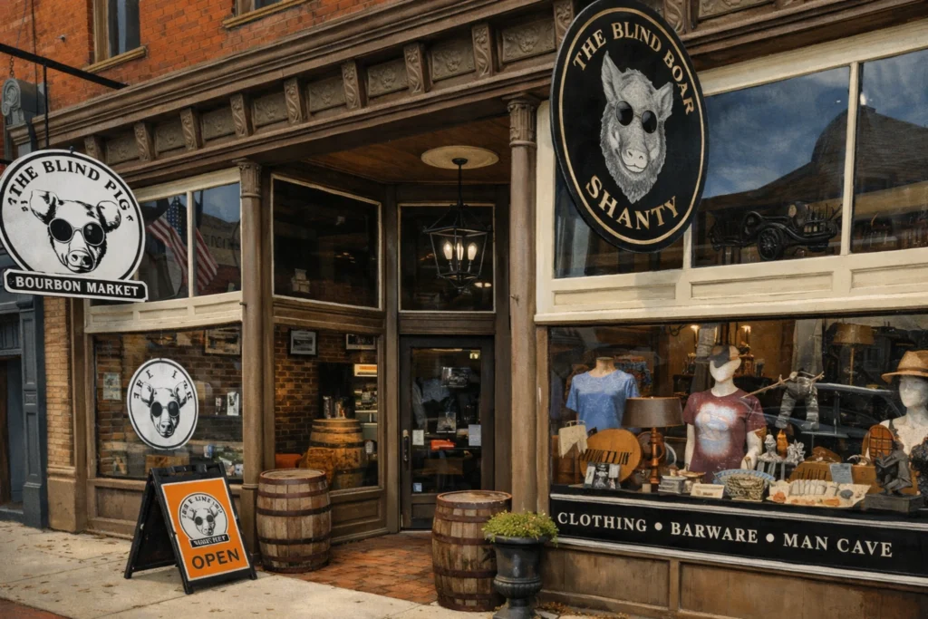 Storefront of The Blind Pig Bourbon Market and Blind Boar Shanty in downtown Bardstown, Kentucky.