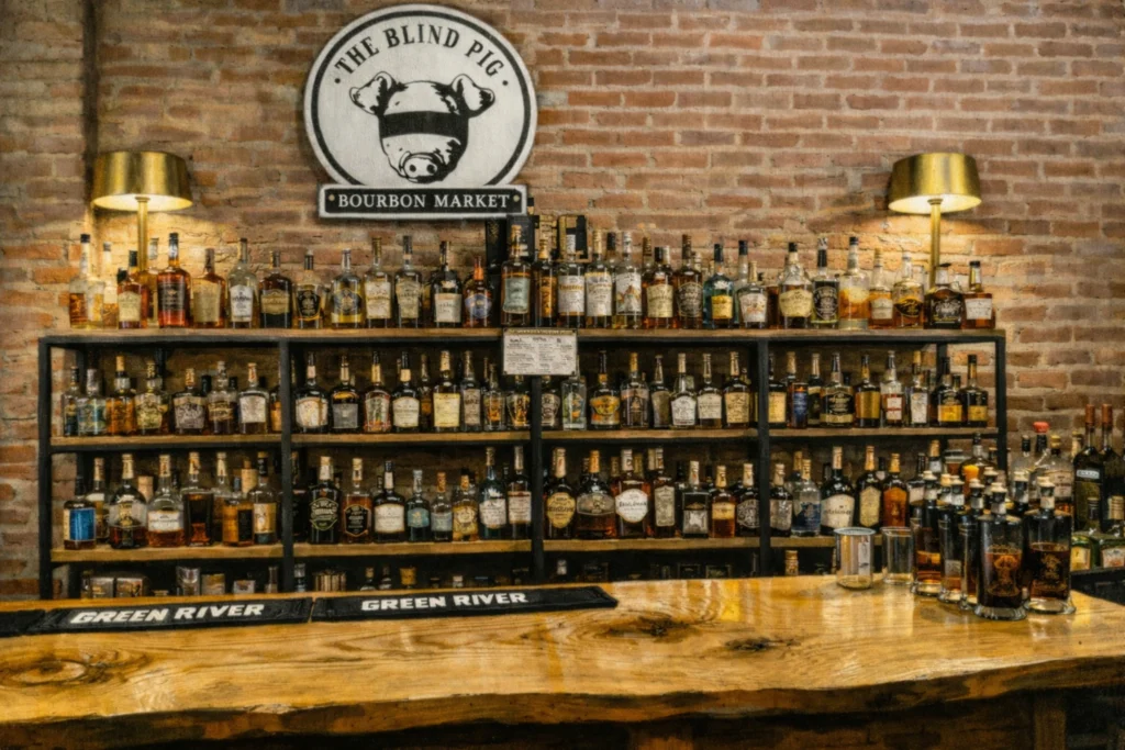 Bourbon bar at The Blind Pig Bourbon Market with shelves of whiskey bottles against an exposed brick wall.