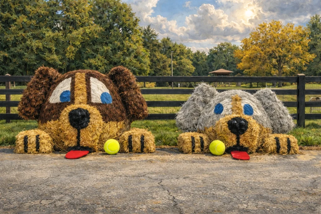 Two large dog-shaped hay bale displays with tennis balls in front at Bourbon City Bark Park.