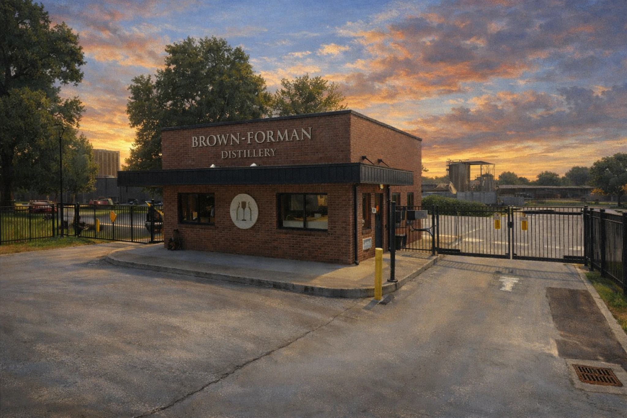 Entrance building at Brown-Forman Distillery with gates and a colorful sunset sky.
