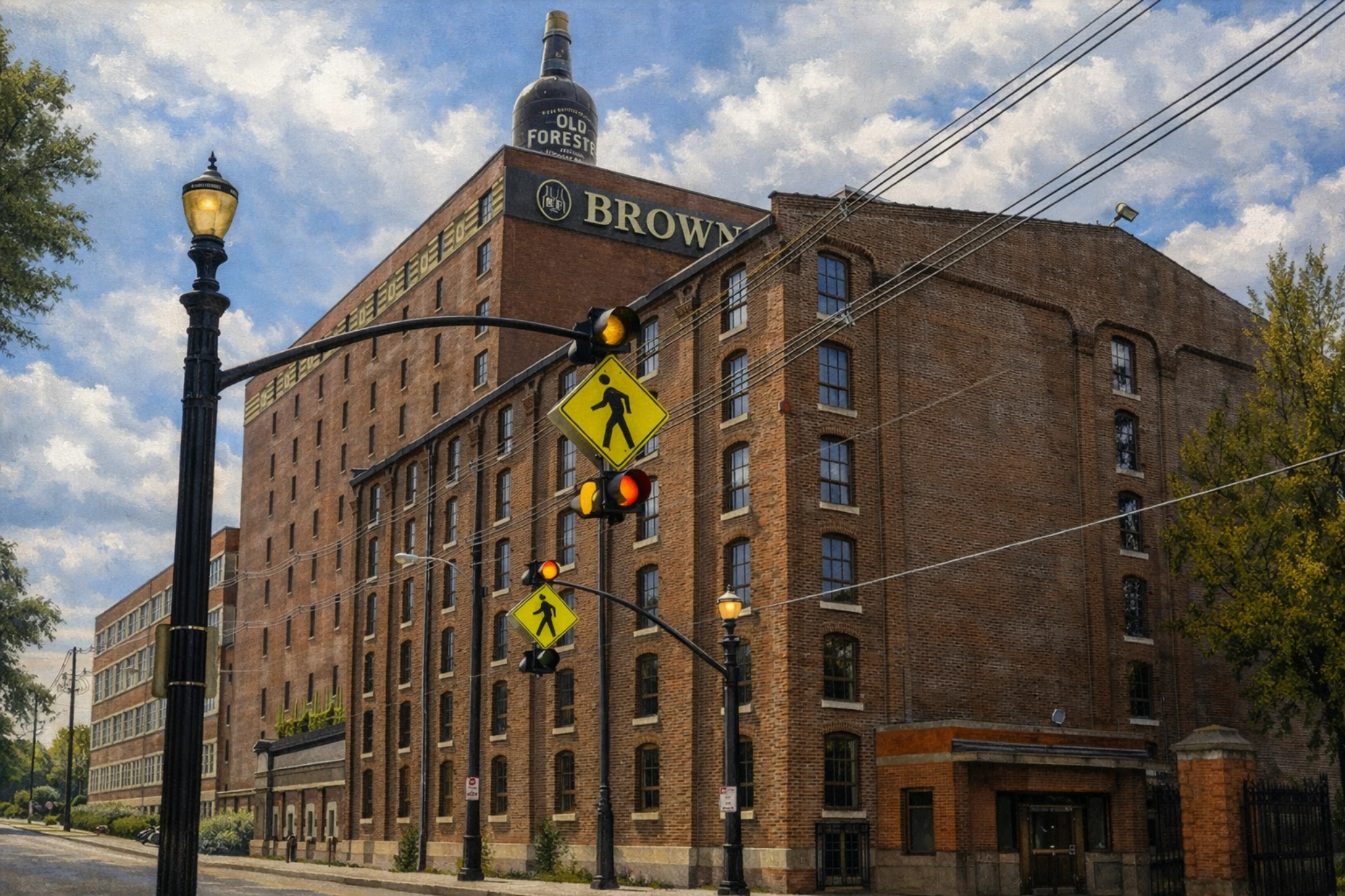 Entrance building at Brown-Forman Distillery with gates and a colorful sunset sky.