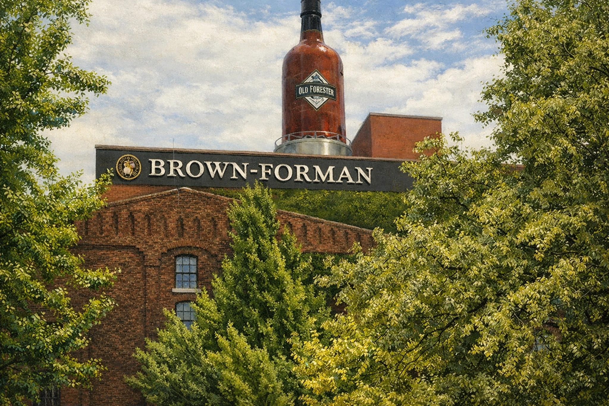 Brown-Forman sign and bottle display framed by green trees on the distillery grounds.