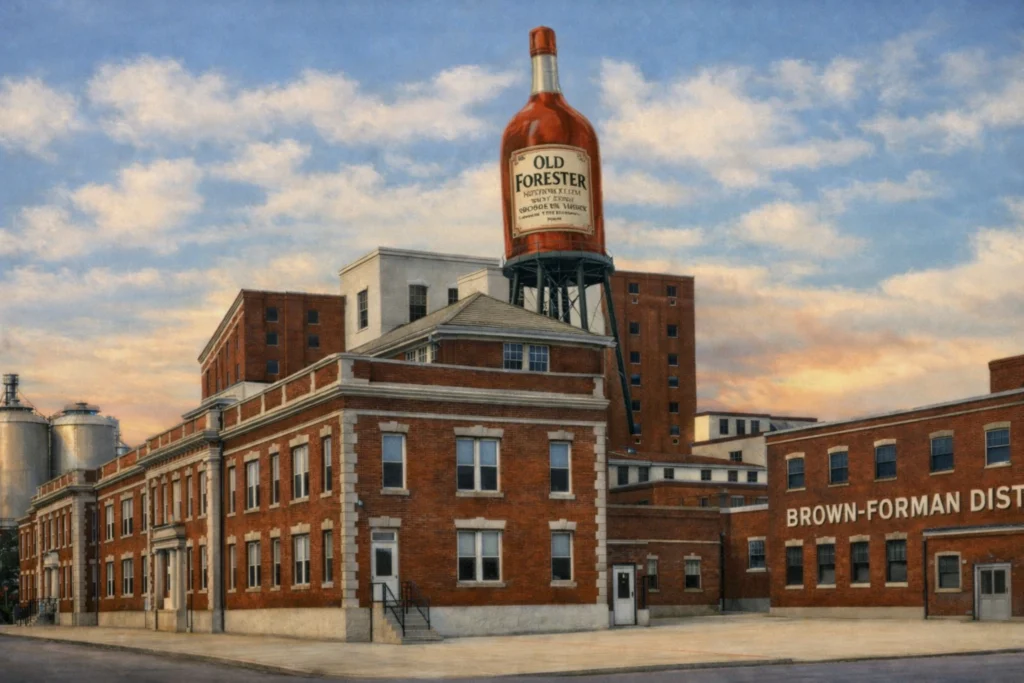 Brown-Forman Distillery campus with red brick buildings and the Old Forester bottle water tower.