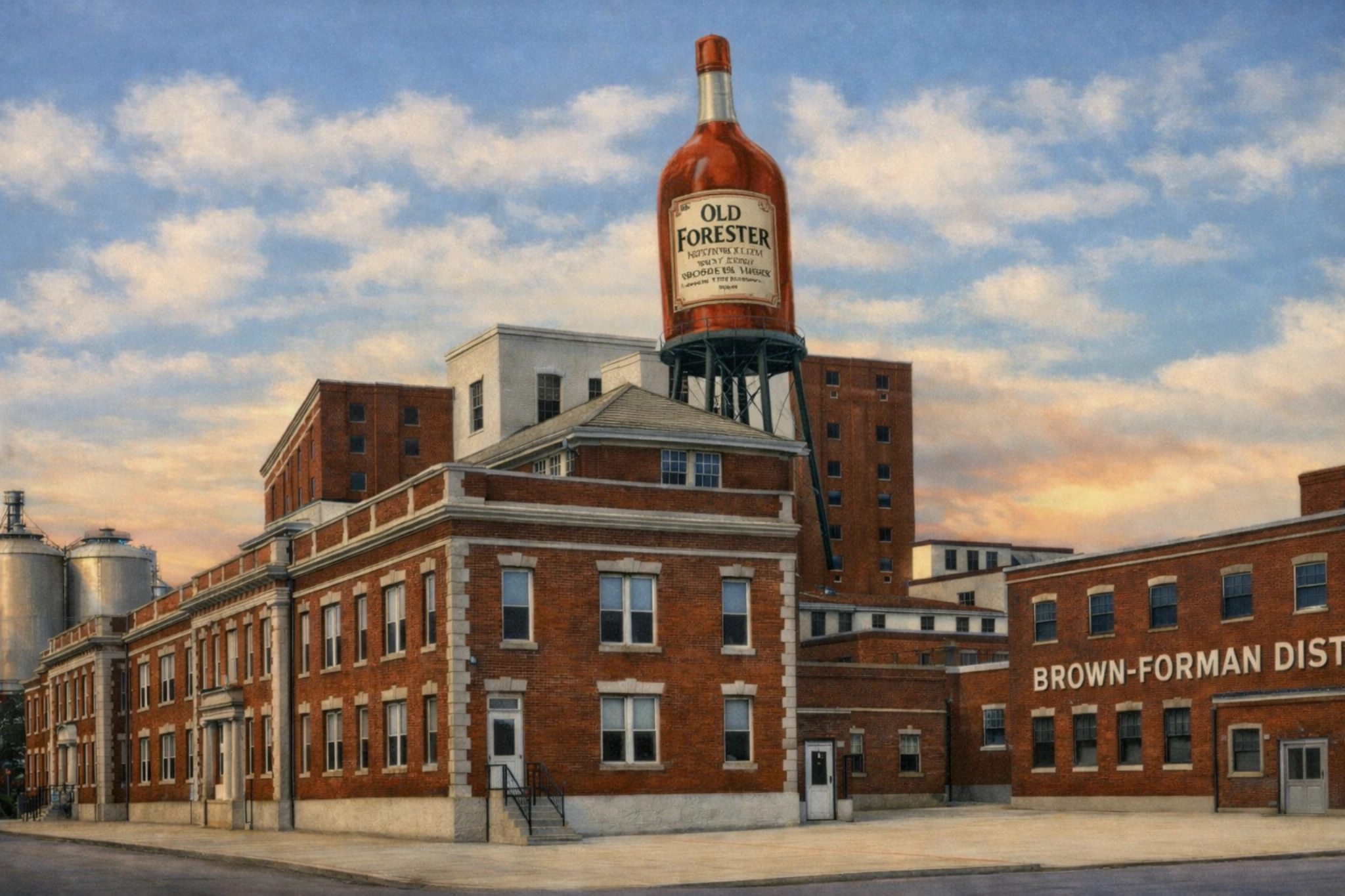 Brown-Forman Distillery campus with red brick buildings and the Old Forester bottle water tower.
