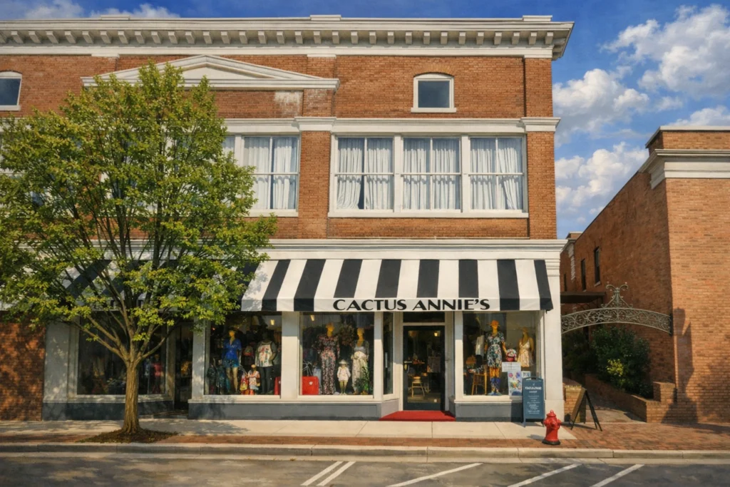 Cactus Annie’s storefront in Bardstown, Kentucky, with a black-and-white striped awning on a sunny day.