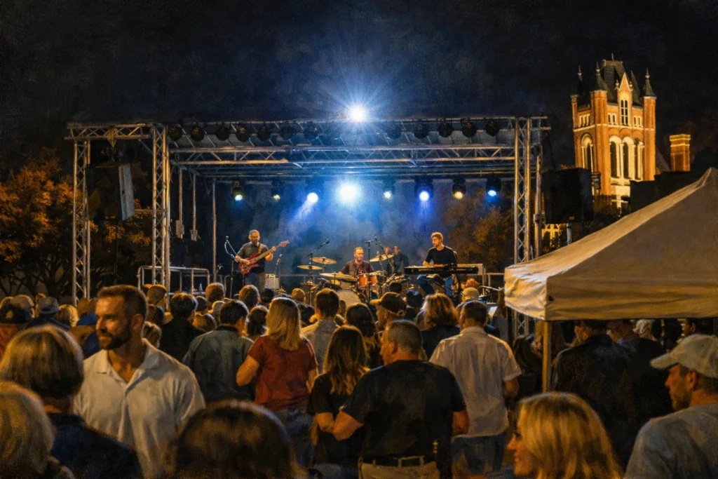 Crowd watching a live concert at Cheers to Bardstown at night with stage lights and the historic courthouse in the background.