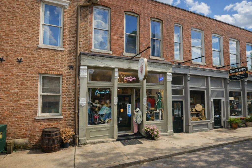 Exterior storefront of Christys Collections in downtown Bardstown, Kentucky, with a brick facade, large display windows, and hanging shop sign.