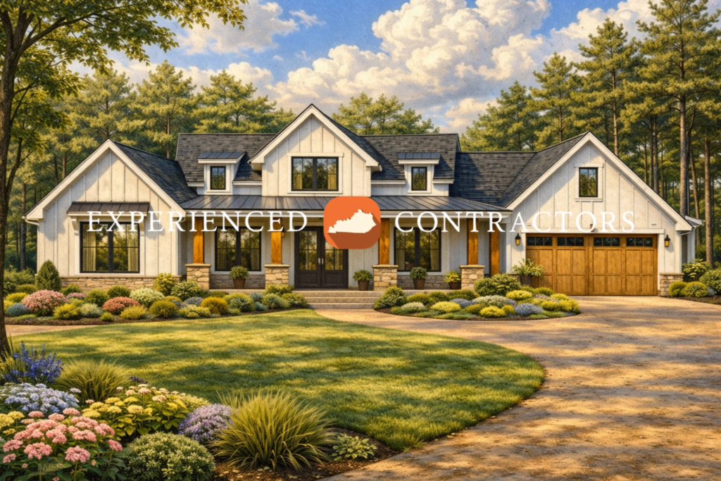Experienced Contractors graphic over a white house with a landscaped front yard, driveway, and trees in the background.