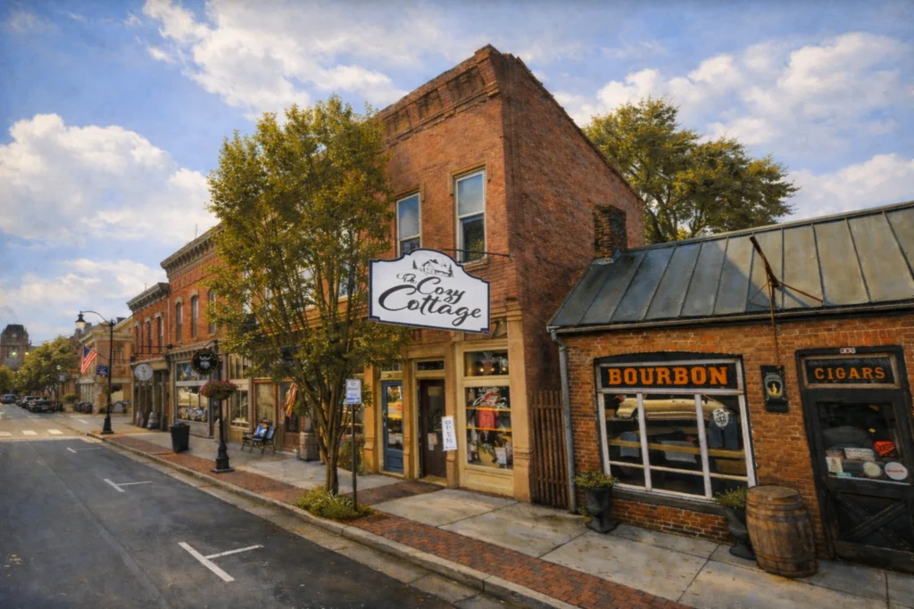 Exterior of The Cozy Cottage in Bardstown, Kentucky, along a downtown street with neighboring storefronts and a hanging shop sign.
