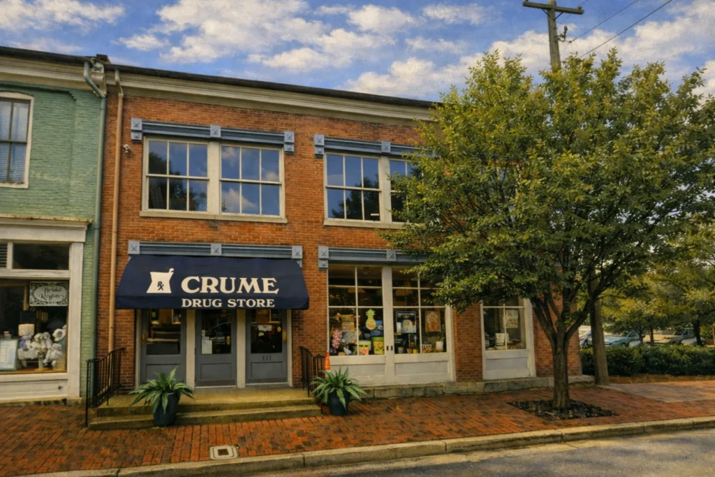 Exterior of Crume Drug Store in downtown Bardstown, Kentucky, with a brick storefront, blue awning, and tree-lined sidewalk.