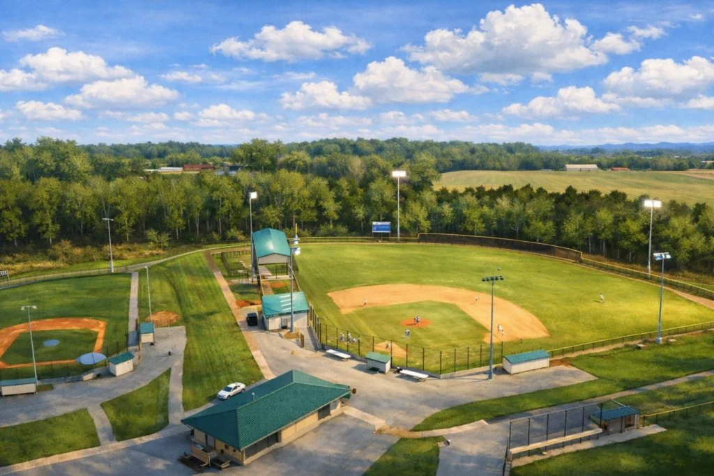 Aerial view of Dean Watts Park in Bardstown, Kentucky, showing baseball fields, park buildings, and players on the field with trees and farmland in the background.