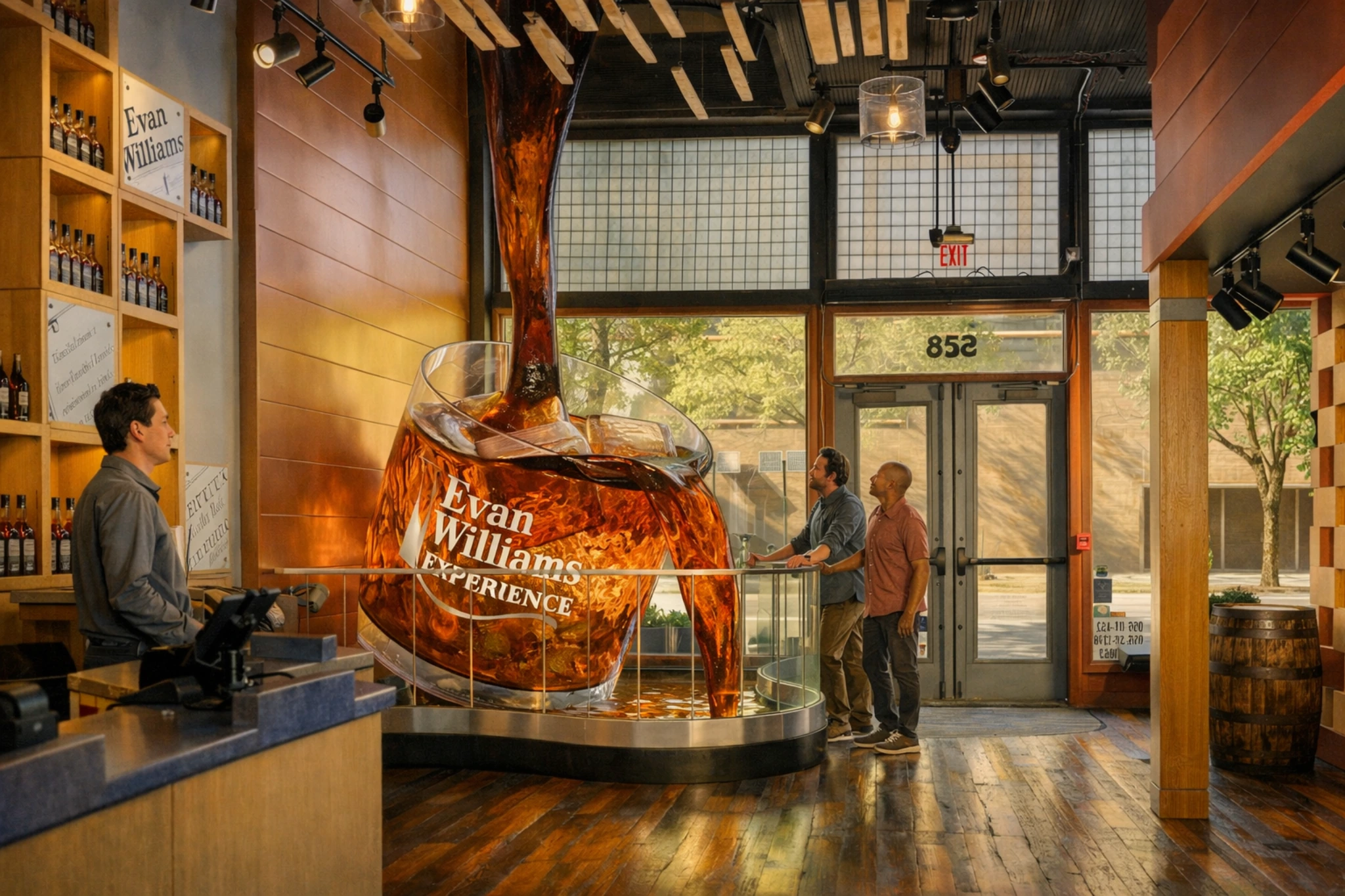 Large bourbon pour display inside the Evan Williams Bourbon Experience entrance.