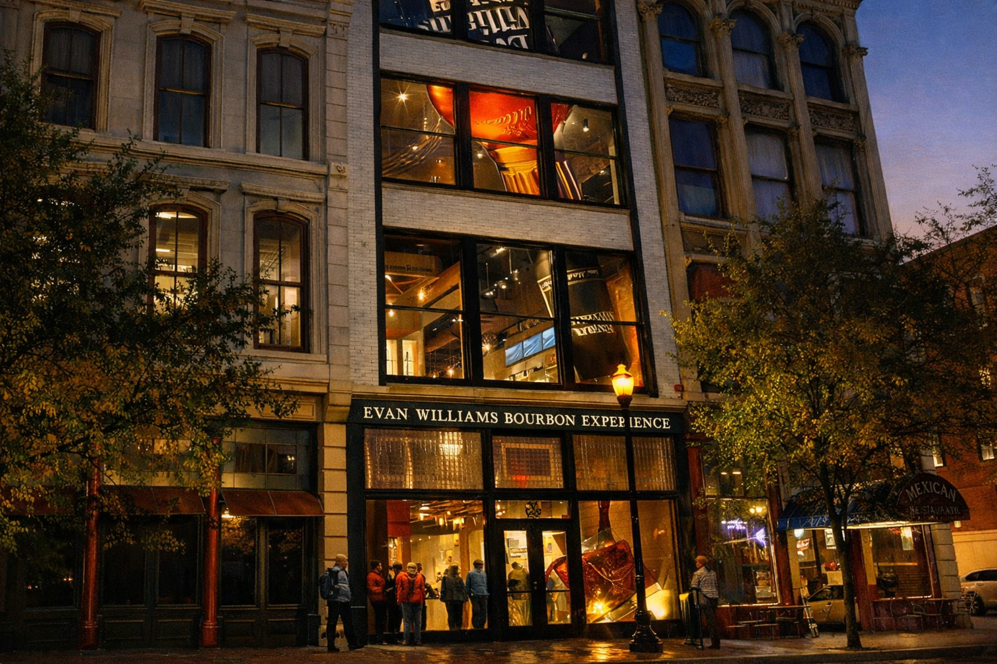 Night exterior of the Evan Williams Bourbon Experience with glowing windows and visitors at the entrance.