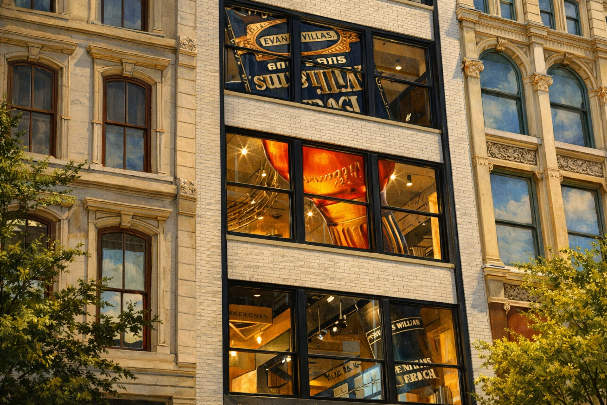 Upper windows of the Evan Williams Bourbon Experience building showing the illuminated interior display.