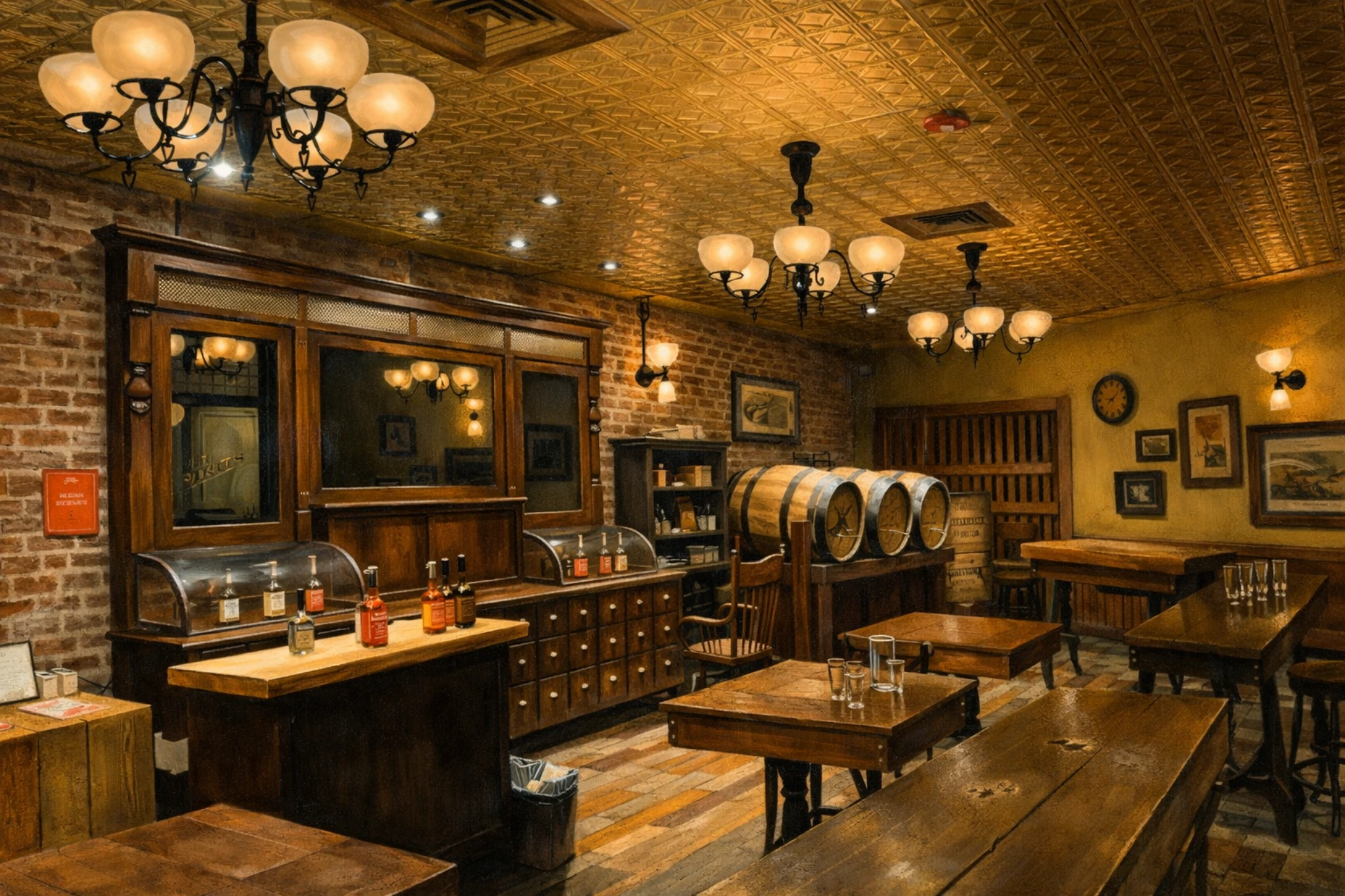 Historic-style tasting room at the Evan Williams Bourbon Experience with long tables, display cabinets, and bourbon barrels.