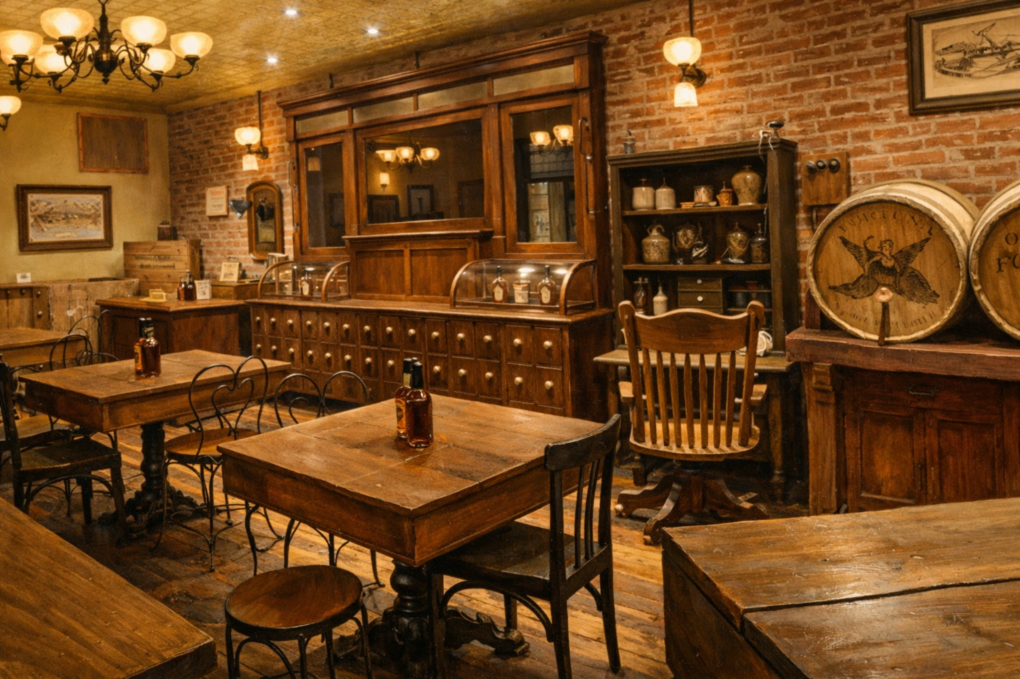 Vintage-style tasting room at the Evan Williams Bourbon Experience with wooden tables, brick walls, and antique displays.