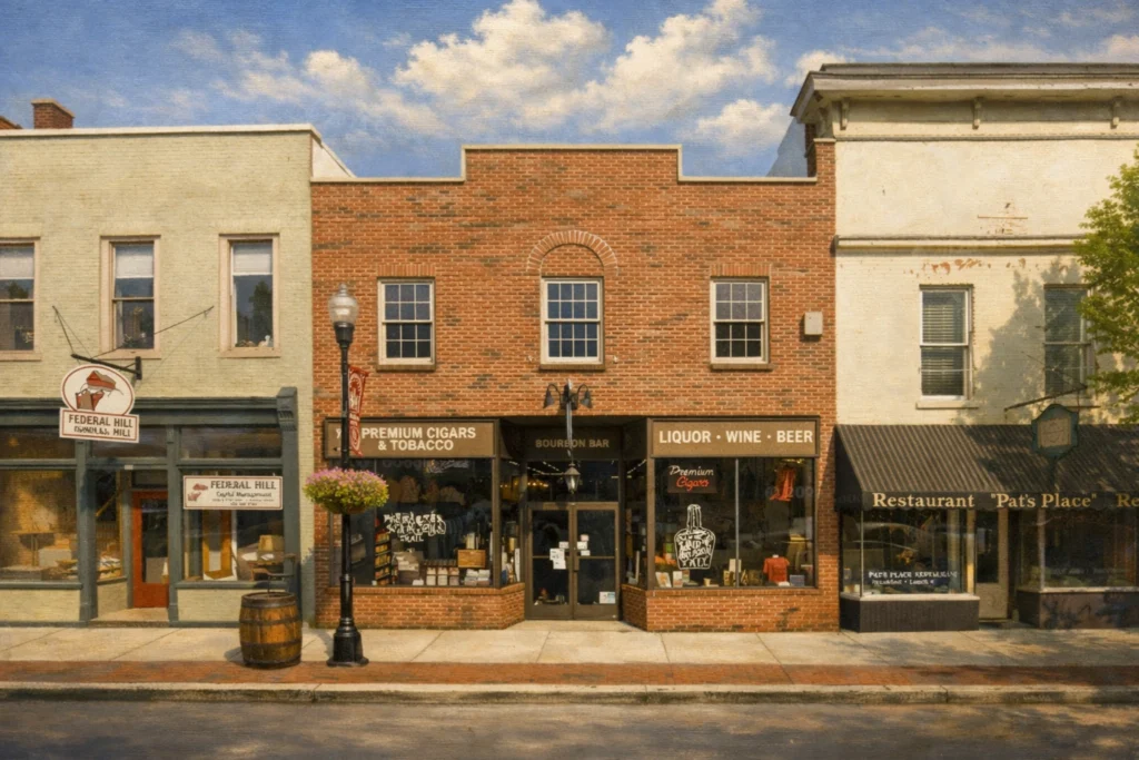 Exterior storefront of Evergreen Liquors in downtown Bardstown, Kentucky, with signage for premium cigars, bourbon bar, and liquor, wine, and beer.