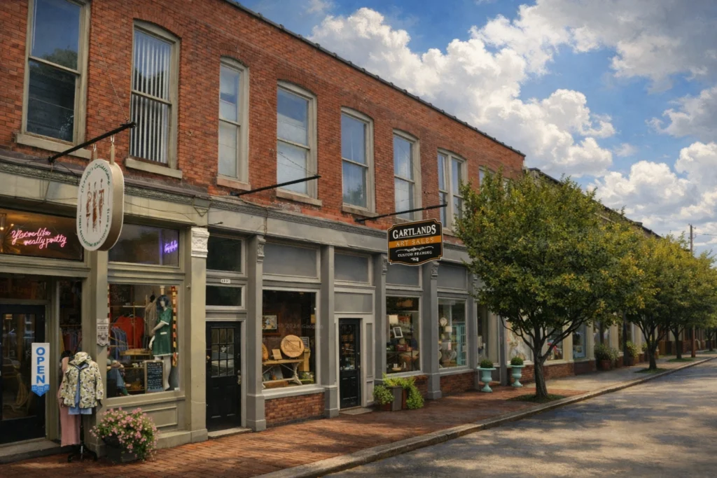 Gartland's Art Sales storefront on a historic brick street in Bardstown, Kentucky, beneath a bright sky.
