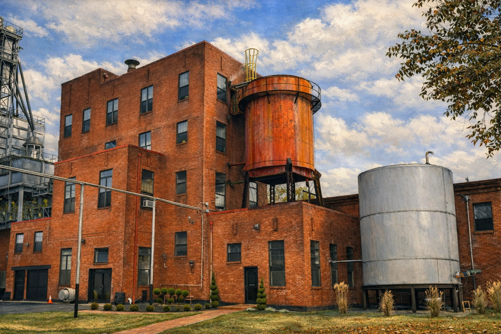 Brick distillery building at Green River Distilling Co. in Owensboro, Kentucky, with a red water tank, silver tank, and industrial structures.