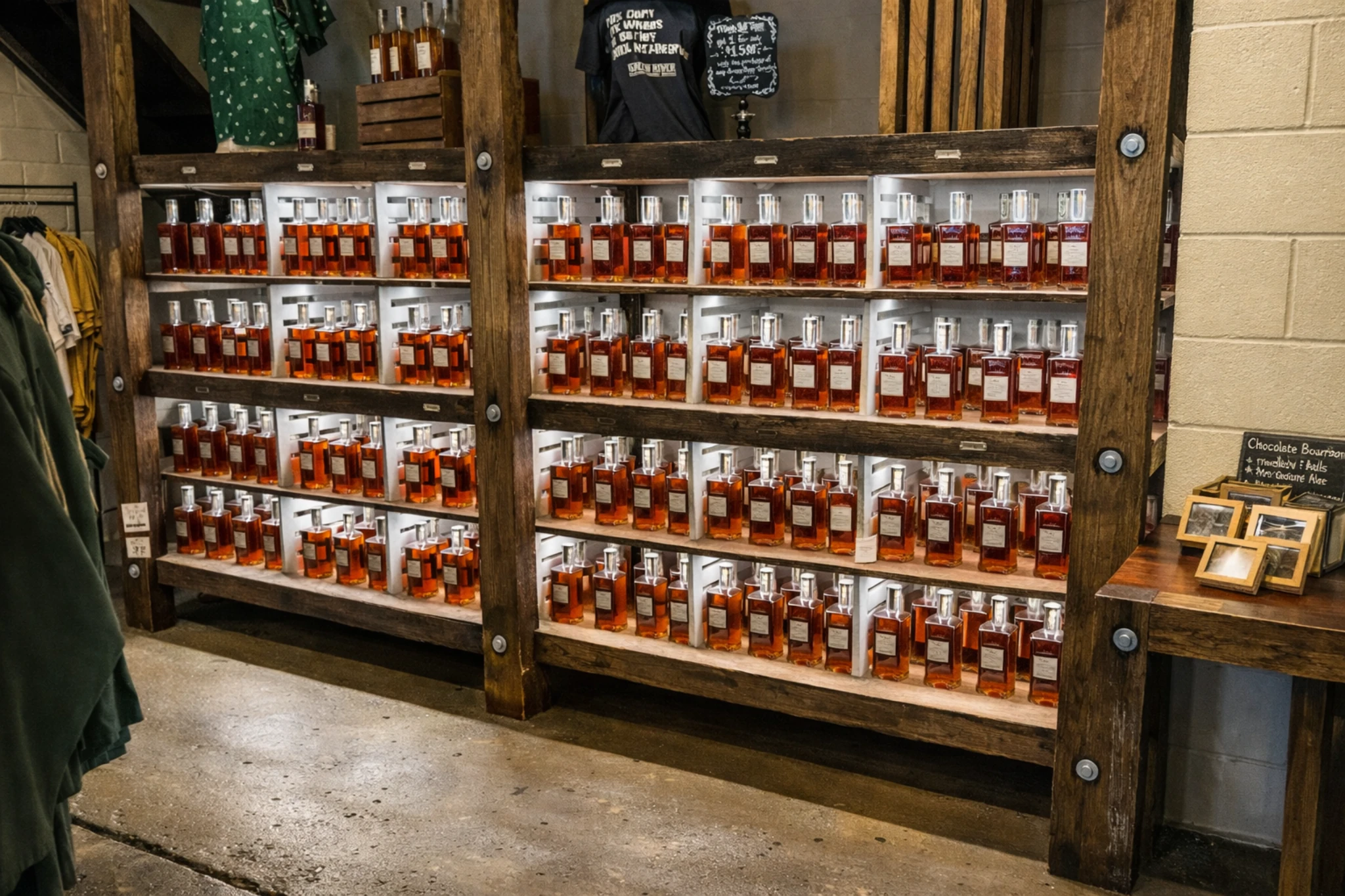 Bottle display at Green River Distilling Co. in Owensboro, Kentucky, with rows of whiskey bottles on illuminated wooden shelves in the distillery gift shop.