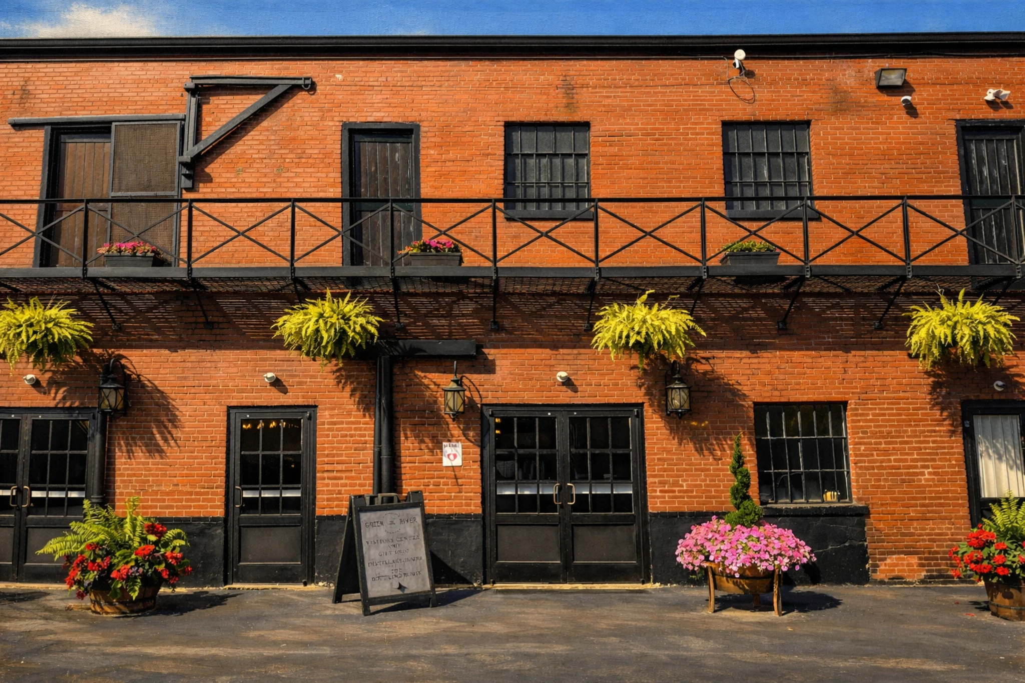 Brick exterior at Green River Distilling Co. in Owensboro, Kentucky, with black doors, flower baskets, and potted plants.