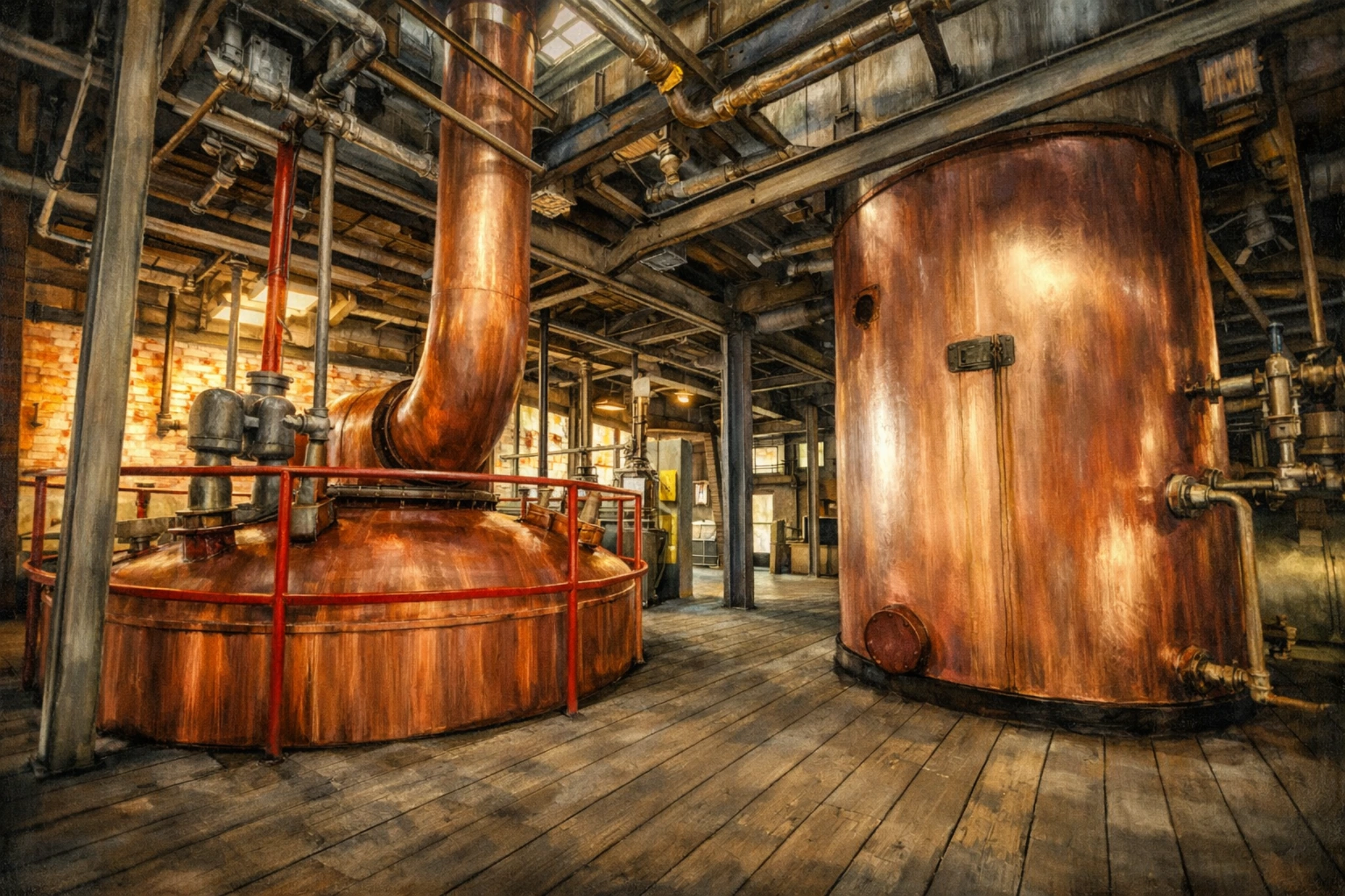 Historic copper still room at Green River Distilling Co. in Owensboro, Kentucky, with large copper equipment, exposed pipes, and wood floors.