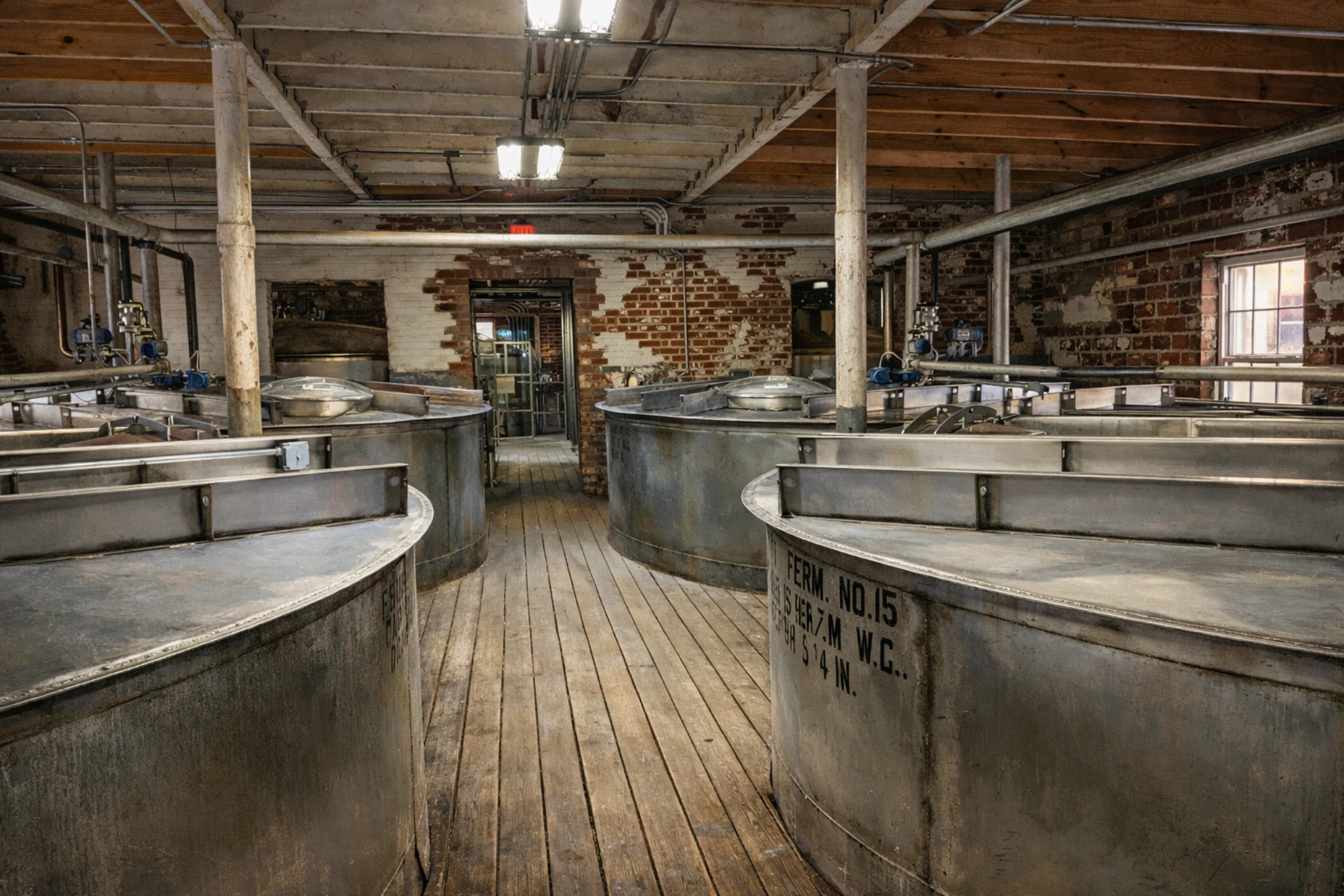 Historic fermentation room at Green River Distilling Co. in Owensboro, Kentucky, with large metal tanks, brick walls, and wood floors.