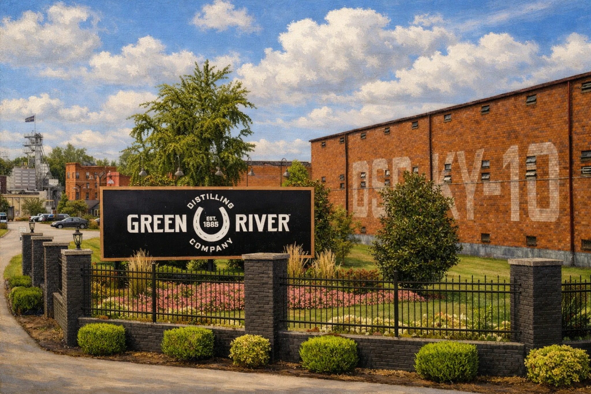 Green River Distilling Co. entrance sign in Owensboro, Kentucky, with black fencing, landscaping, and a brick warehouse backdrop.