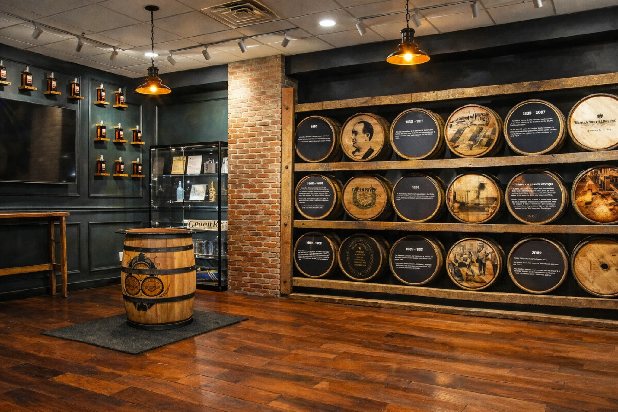 History exhibit room at Green River Distilling Co. in Owensboro, Kentucky, with a barrel timeline wall, display cases, and wood flooring.
