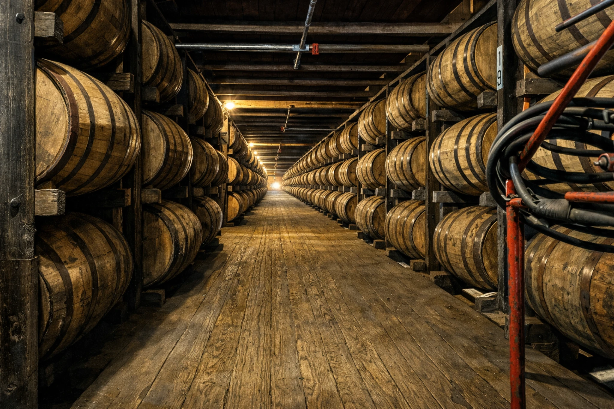 Rickhouse aisle at Green River Distilling Co. in Owensboro, Kentucky, lined with aging bourbon barrels on both sides.
