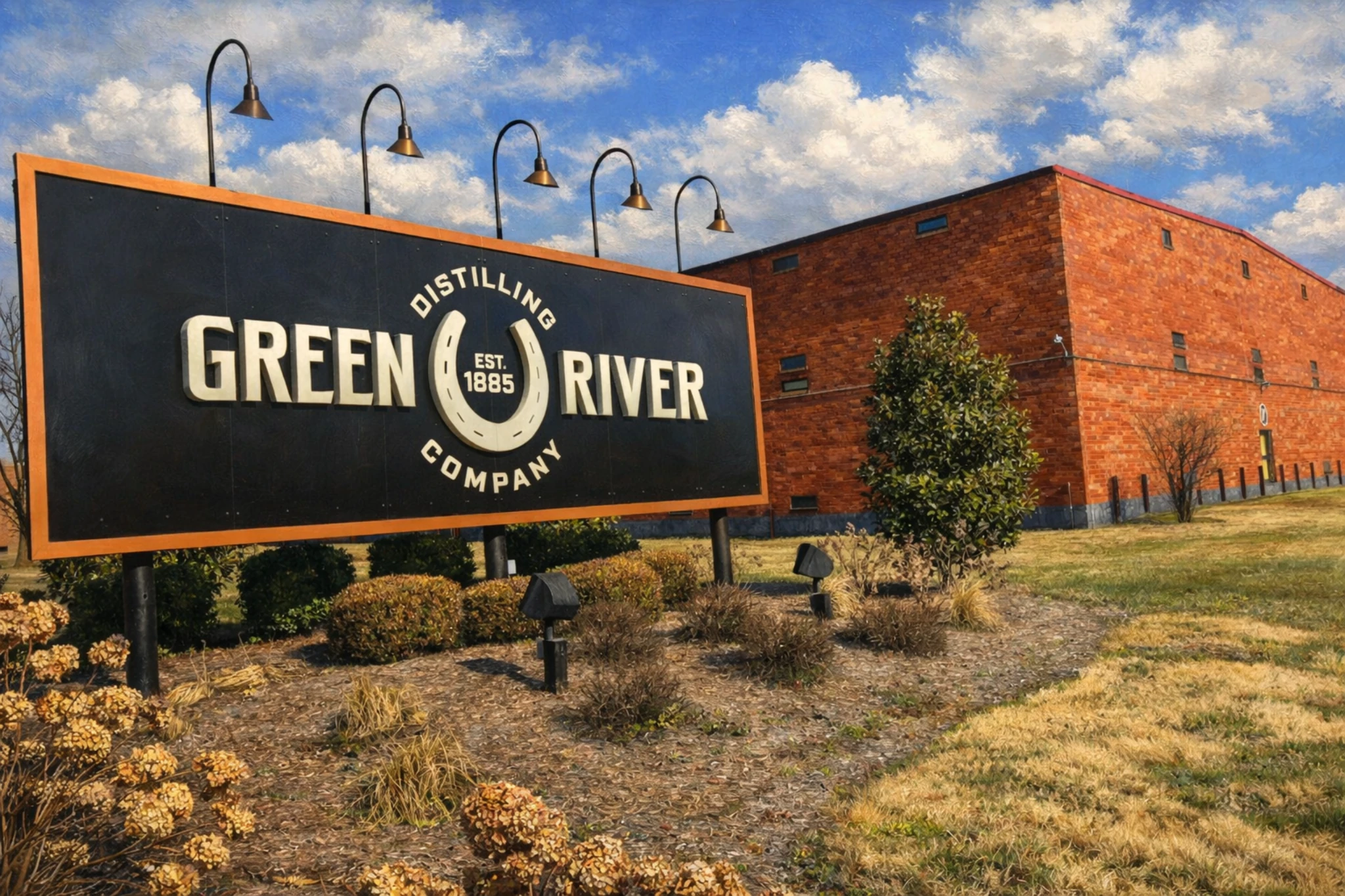 Green River Distilling Co. sign in Owensboro, Kentucky, set in front of a brick warehouse on a sunny day.