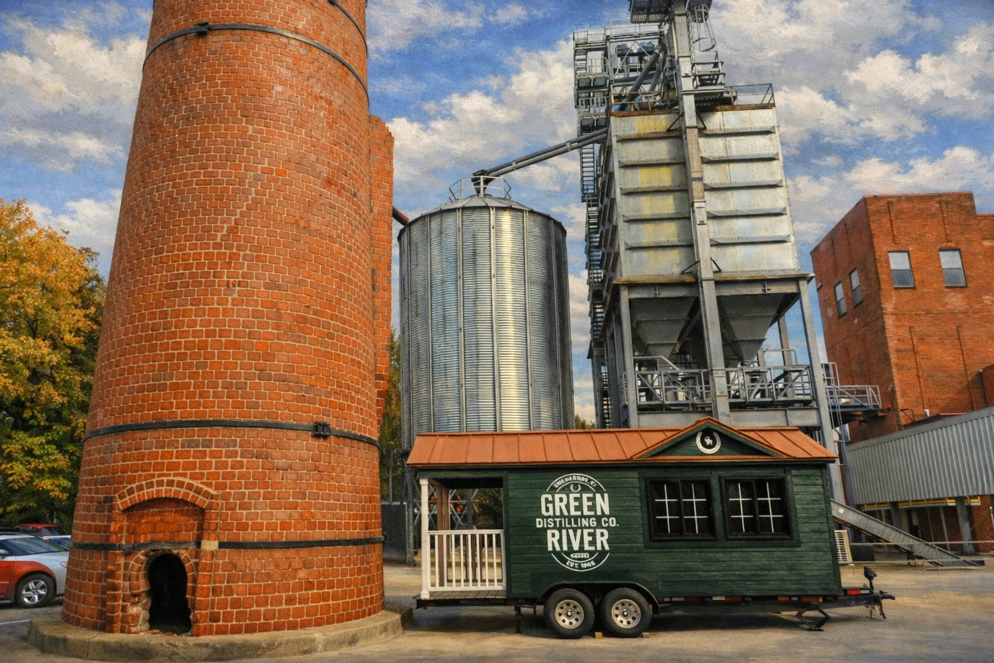 Industrial exterior at Green River Distilling Co. in Owensboro, Kentucky, with a brick smokestack, grain equipment, and a branded trailer.