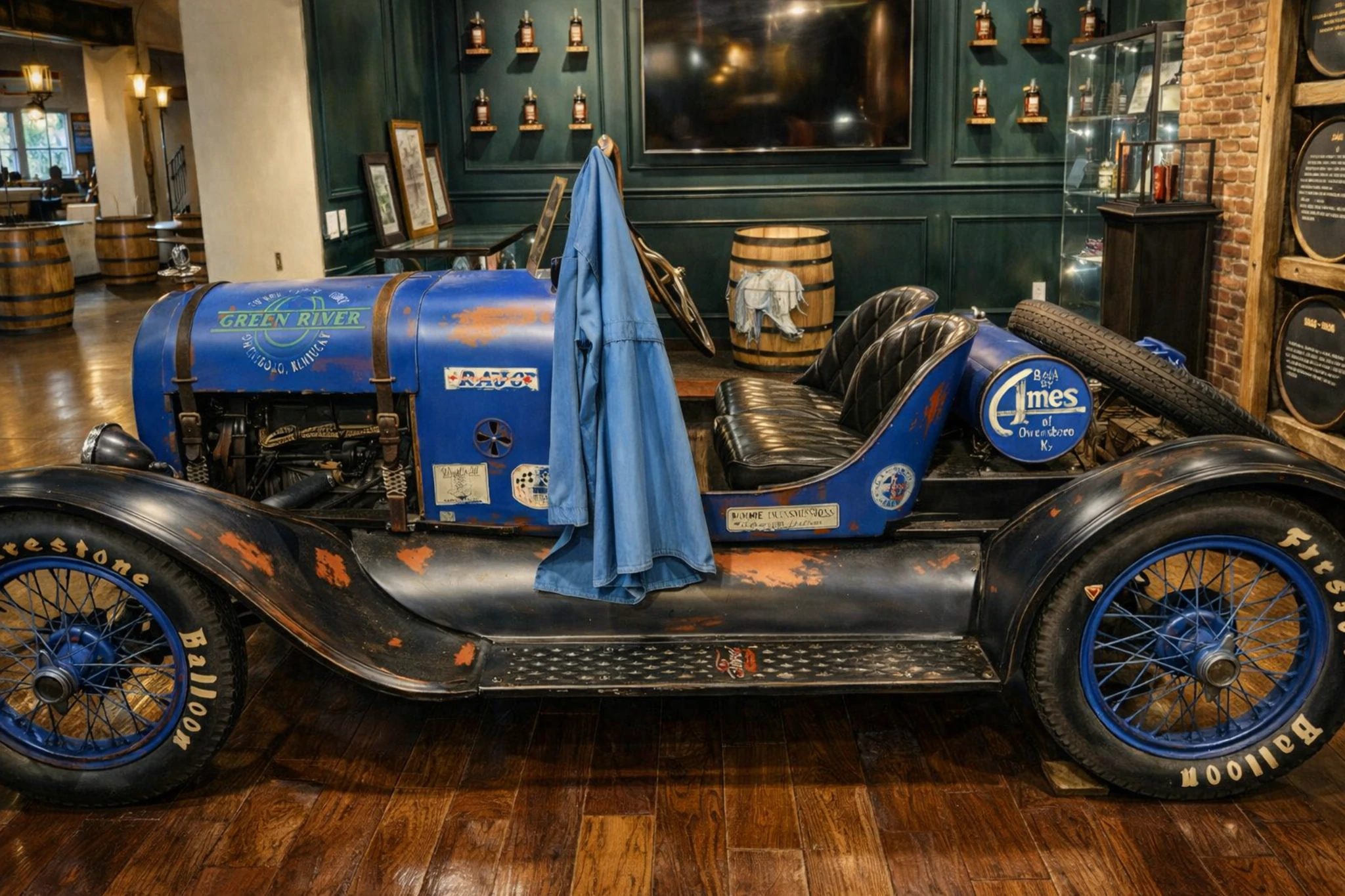 Vintage blue car display inside Green River Distilling Co. in Owensboro, Kentucky, with branded panels and whiskey memorabilia.