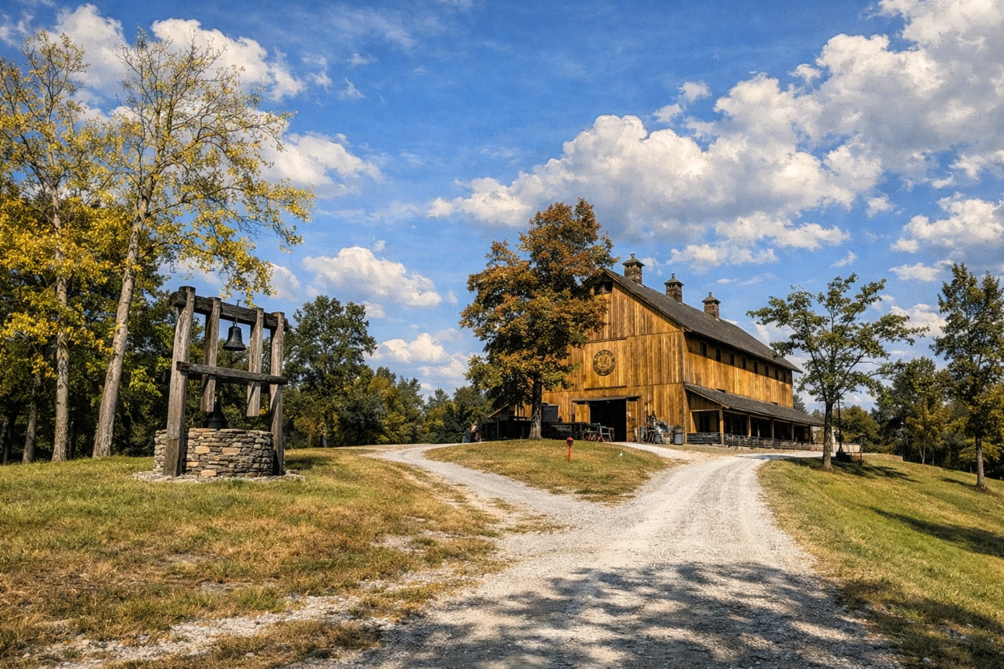Heaven's Door Distillery barn and entry drive with a bell structure in the foreground.