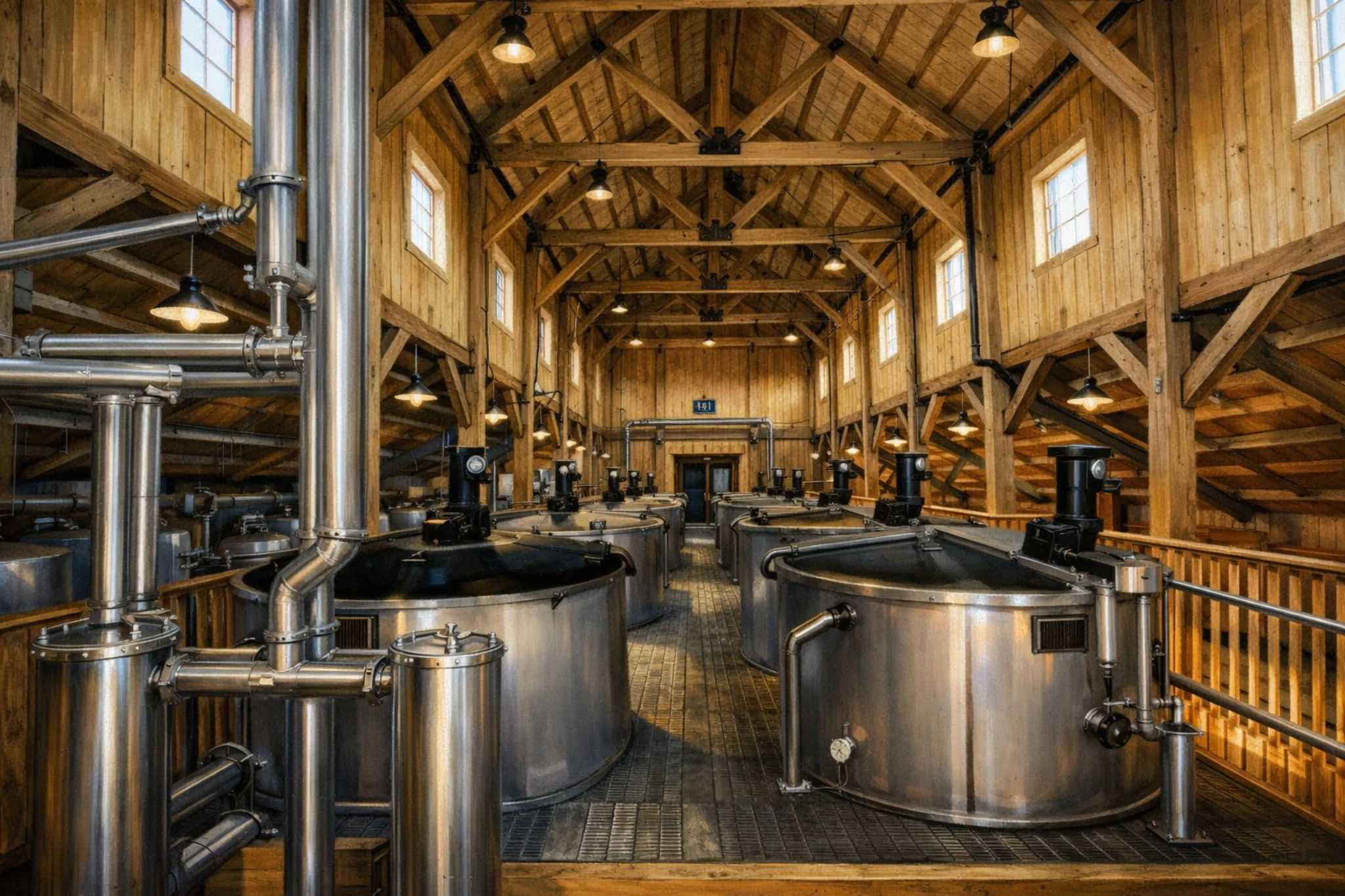 Interior fermentation room at Heaven's Door Distillery with stainless tanks and timber framing.