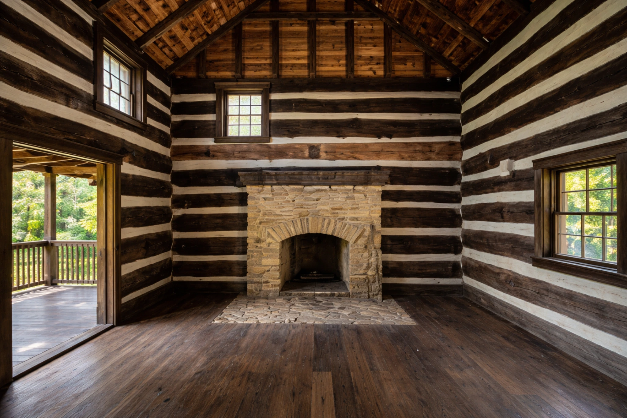 Interior of a Heaven's Door Distillery log cabin with striped wood walls and a stone fireplace.