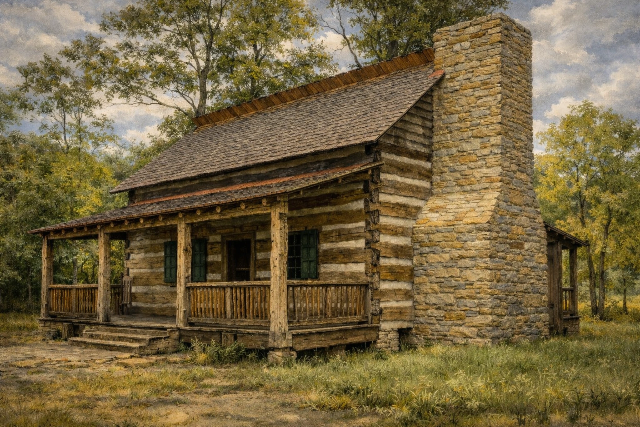 Heaven's Door Distillery log cabin with a large stone chimney and front porch.