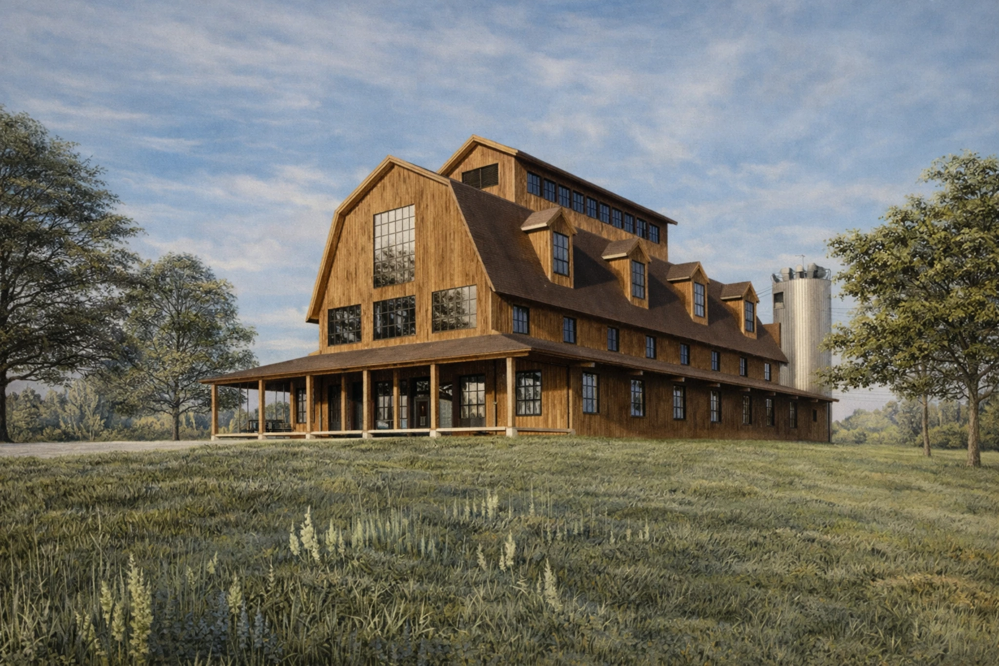 Heaven's Door Distillery main building with a wraparound porch and tall windows.