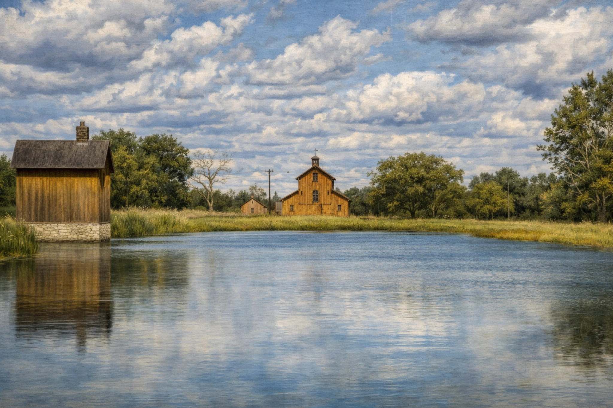 Pond view at Heaven's Door Distillery with wooden buildings in the distance.