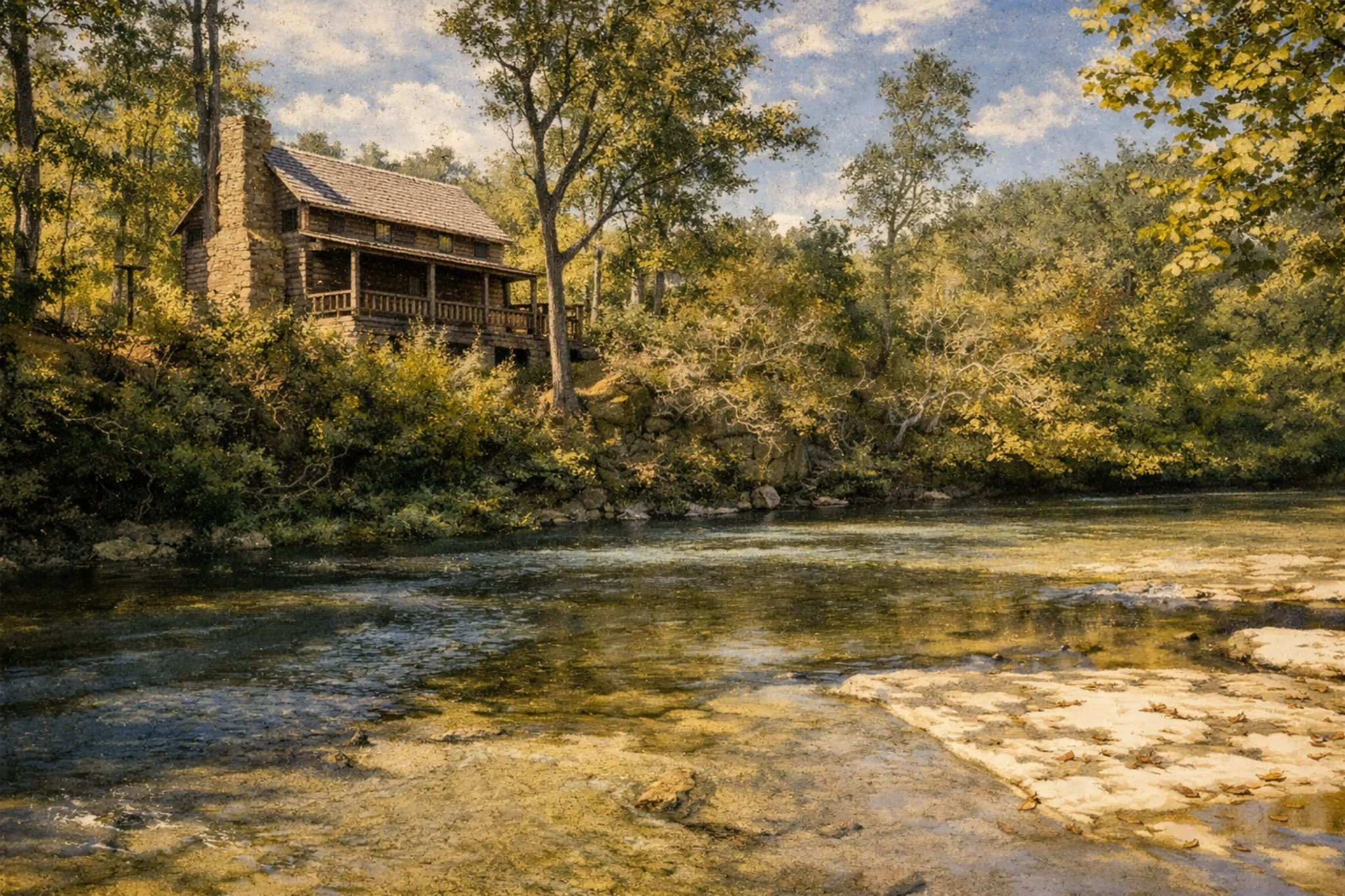 Heaven's Door Distillery cabin above a rocky creek lined with trees.