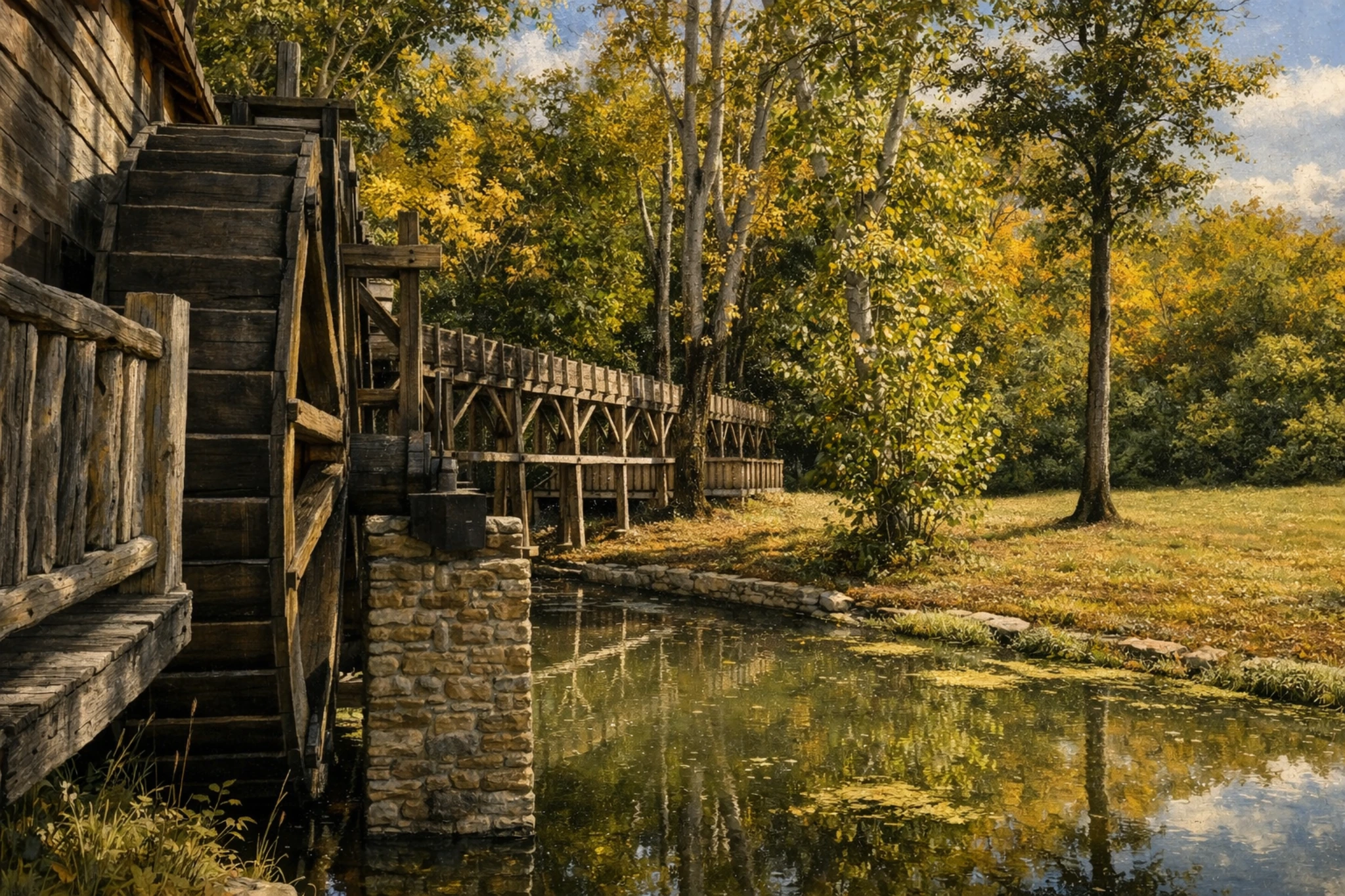 Waterwheel and wooden flume at Heaven's Door Distillery reflected in a pond.