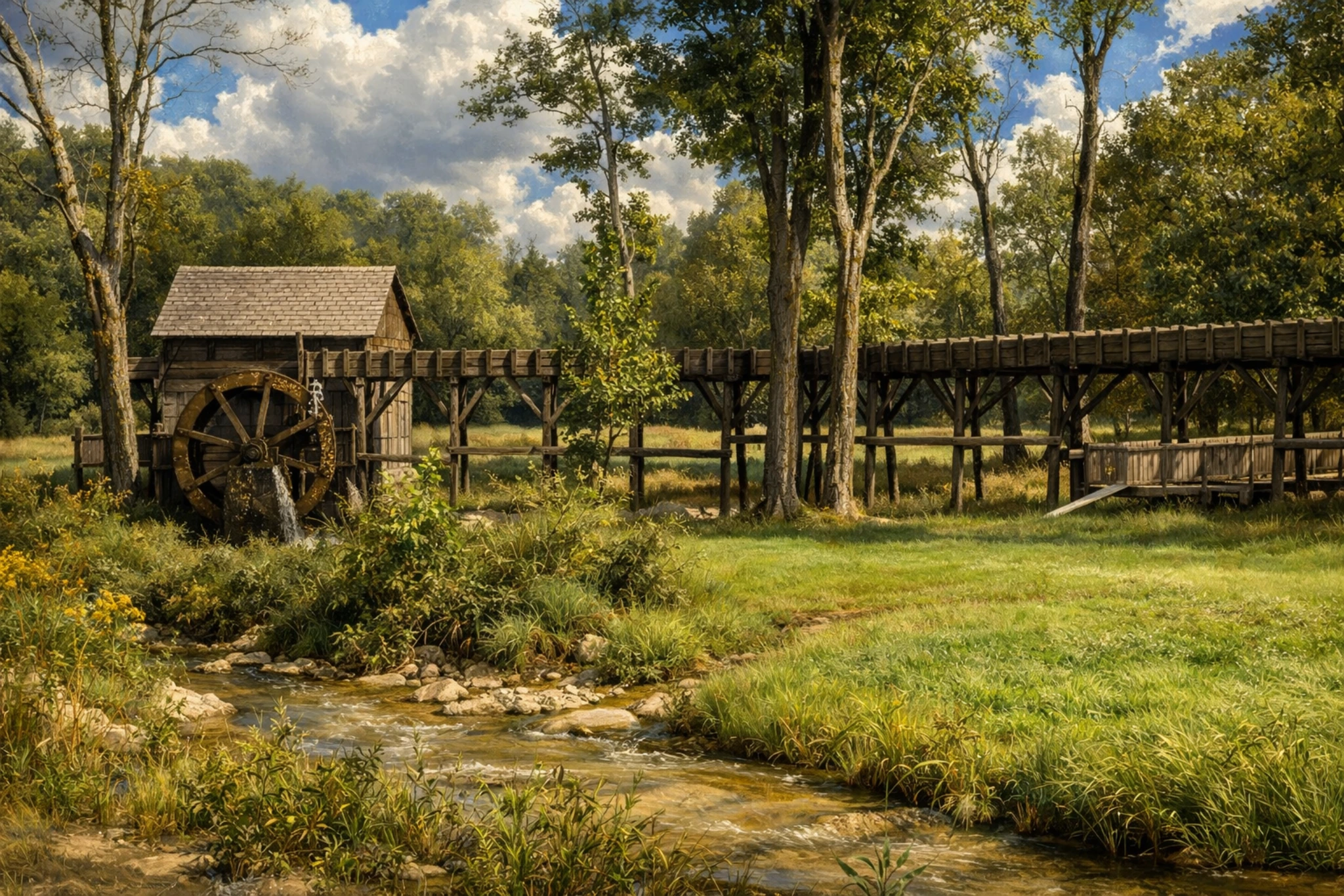 Wide view of the Heaven's Door Distillery waterwheel and flume near a grassy creek.