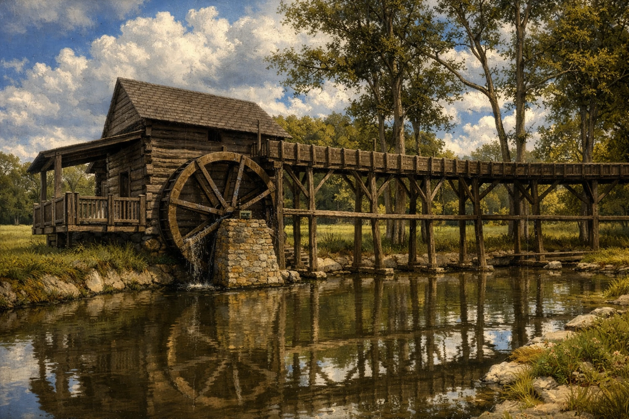 Close view of the Heaven's Door Distillery waterwheel beside a calm stream.