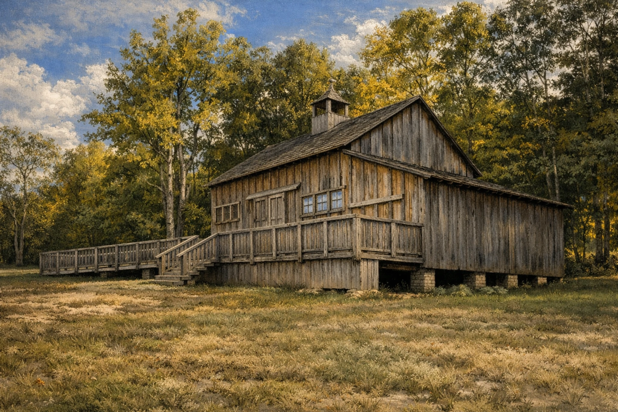 Wooden barn-style building at Heaven's Door Distillery with a ramp and stairs.