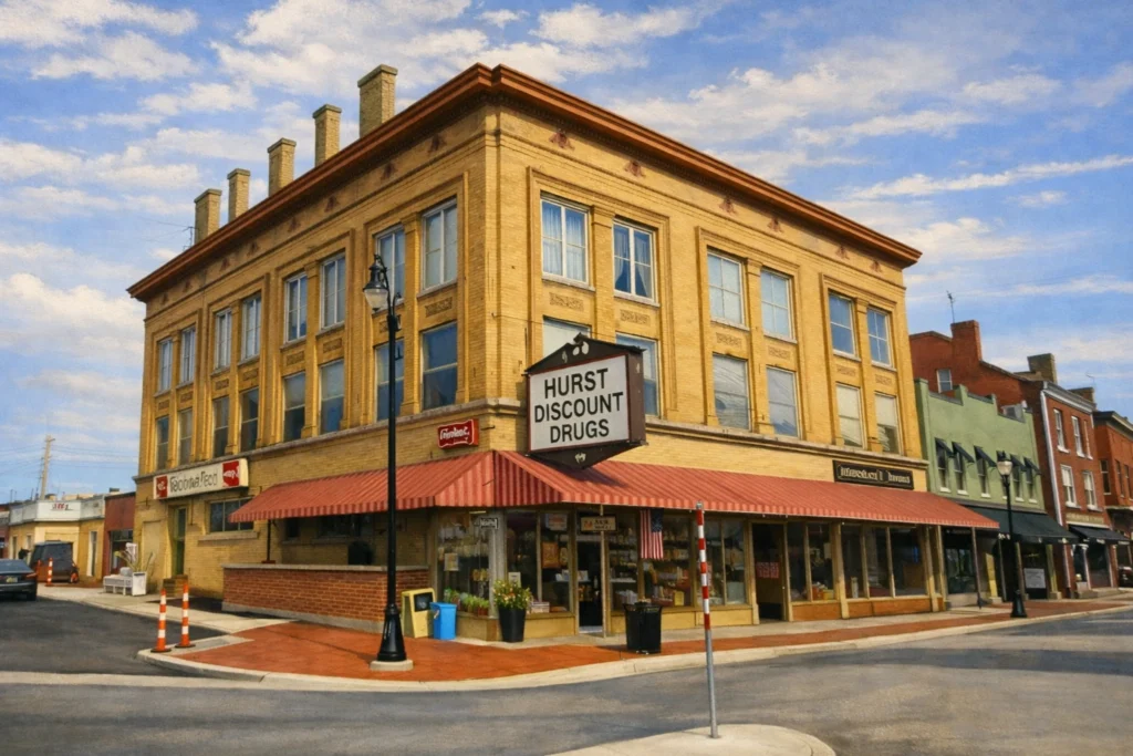 Exterior of Hurst Discount Drugs in Bardstown, Kentucky, showing the historic corner building with a striped awning and downtown storefront signage.