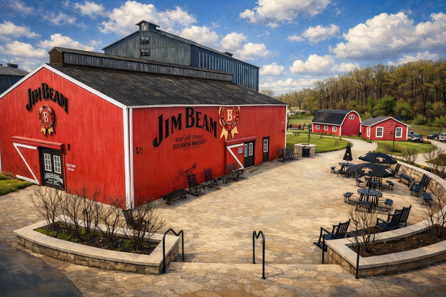 Jim Beam red barn with branded logos, stone patio seating, black umbrellas, and a bright sunny-cloudy sky.