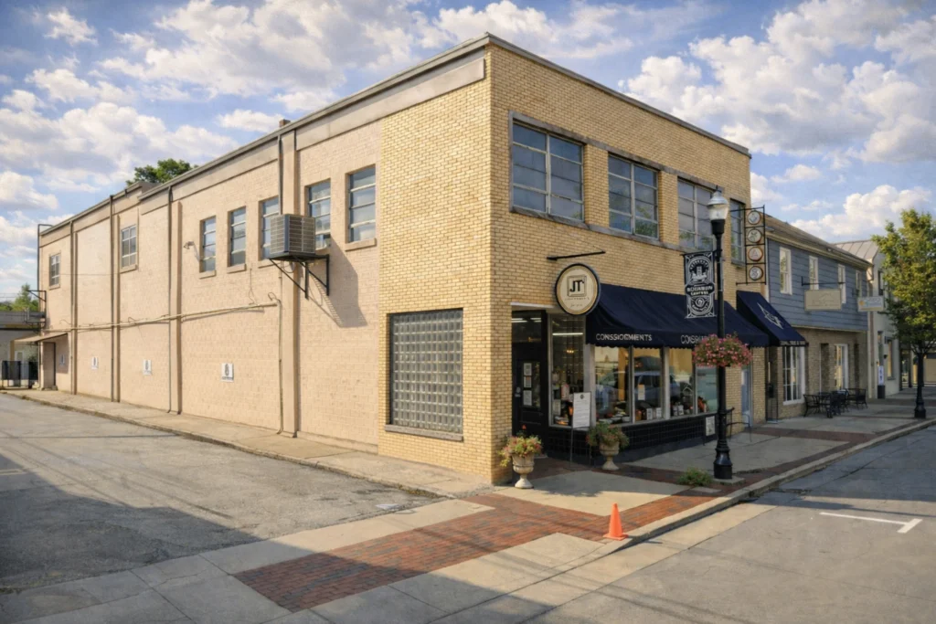 Exterior corner view of JT's Consignments storefront in downtown Bardstown, Kentucky, with black awnings and brick sidewalk.